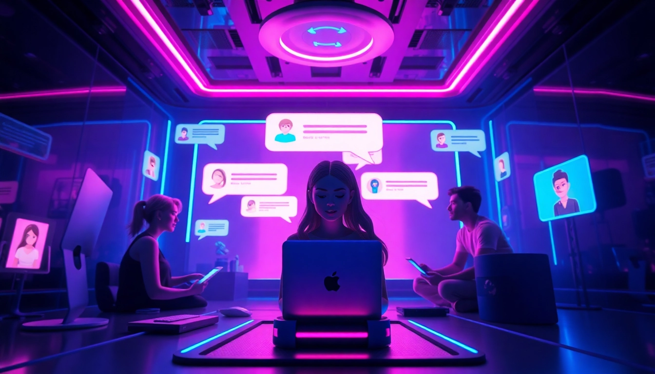 An engaging virtual environment for porn ai chat, showcasing vibrant avatars and high-tech interfaces, emphasizing connection.