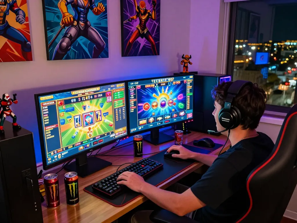 Exciting gaming setup for toto slot games with vibrant screens and gaming accessories.