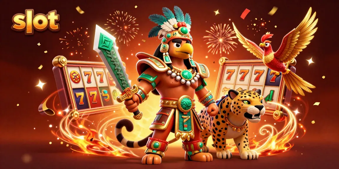 Spin the slot reels with thrill as Aztec warriors celebrate great wins in this vibrant casino scene.
