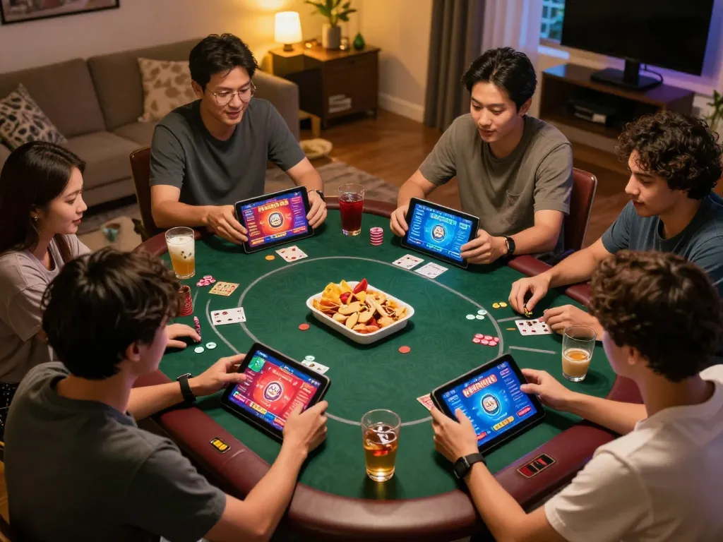Players enjoying online casino gaming on mm88.blog, showcasing vibrant poker action in a cozy home setting.