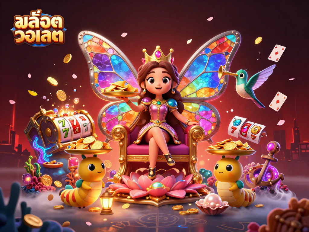 Engage with the vibrant scene of สล็อตวอเลท featuring a butterfly queen, slot reels, and treasure elements.