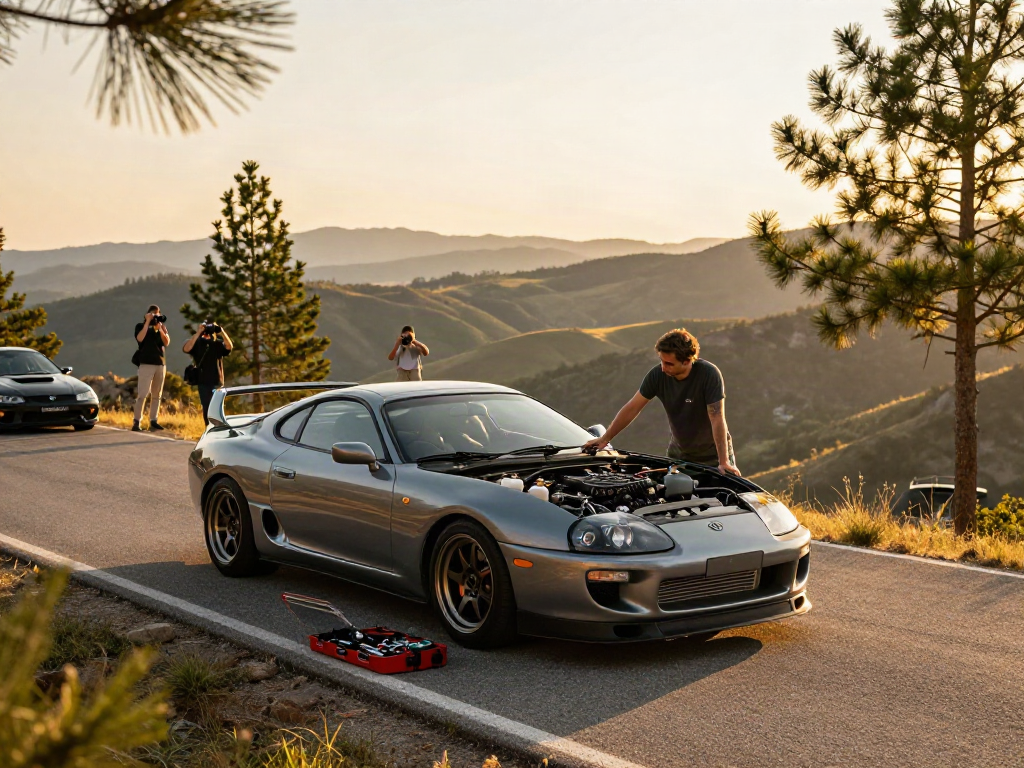 Showcasing the A80 platform, a Toyota Supra on a scenic mountain road during golden hour.