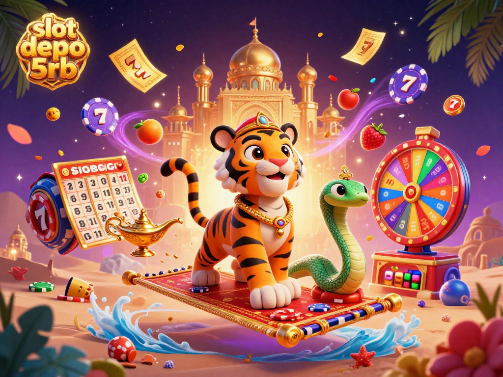 Spin to win great prizes with slot depo 5rb in this vibrant 3D casino-themed illustration.