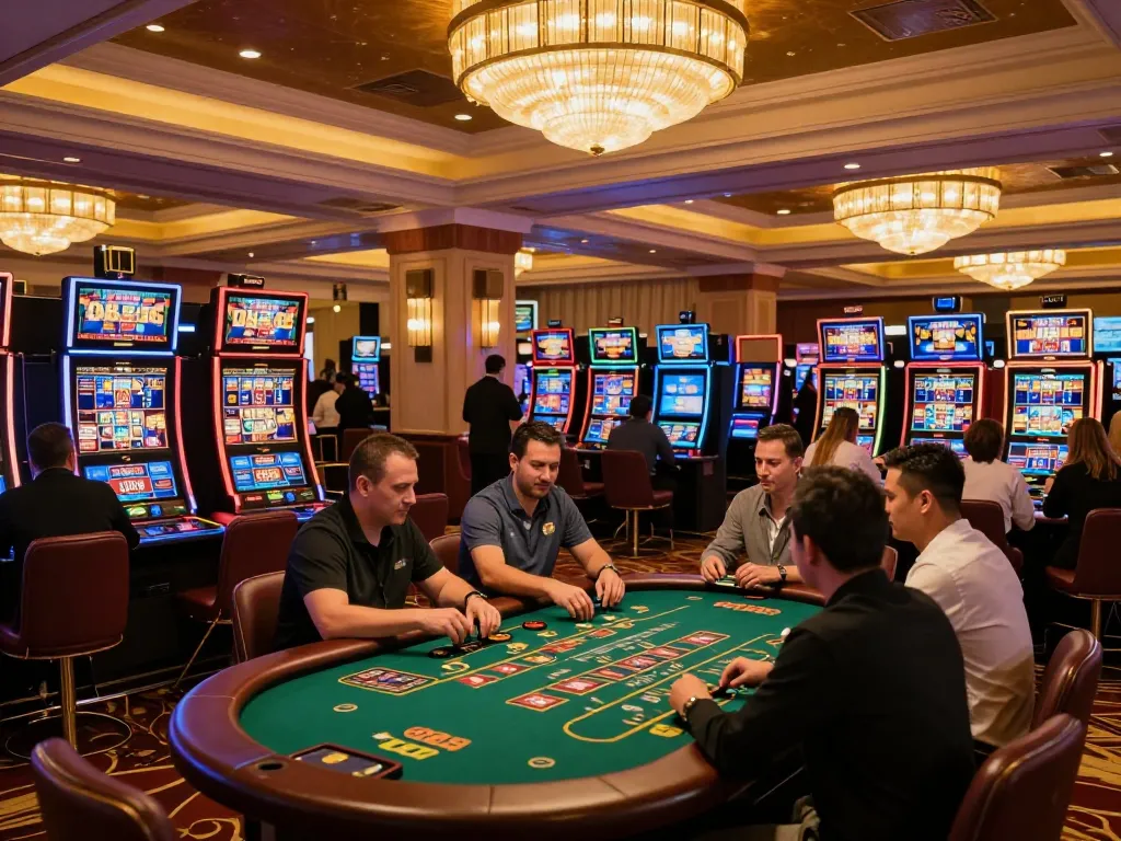 Players enjoying vibrant slot machines and engaging in table games at OK365 casino, showcasing excitement in a luxury environment.