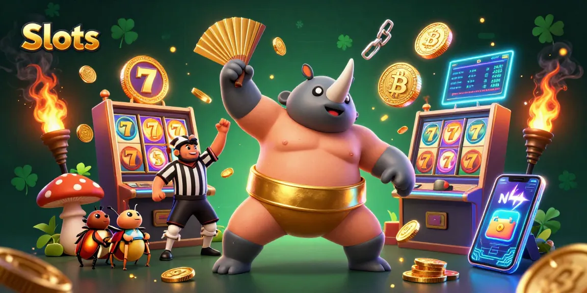 Experience thrilling Slots action with an animated rhinoceros beetle champion and vibrant game elements.