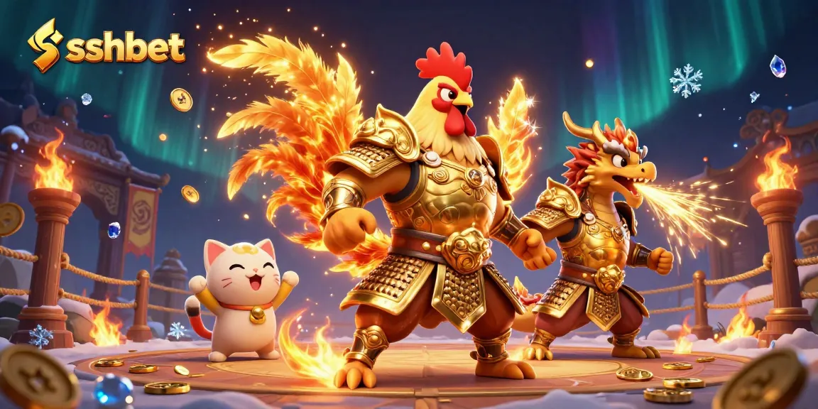 Engage in thrilling battles at sshbet featuring a fierce rooster warrior and dragon hatchling.