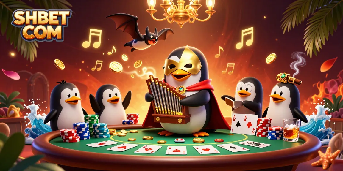 Engage with SHBET COM's dynamic gambling scene featuring golden coins, cards, and 3D characters.