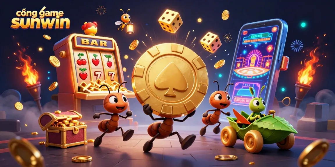 Engage with cổng game sunwin as animated ants heist golden poker chips amid casino excitement.