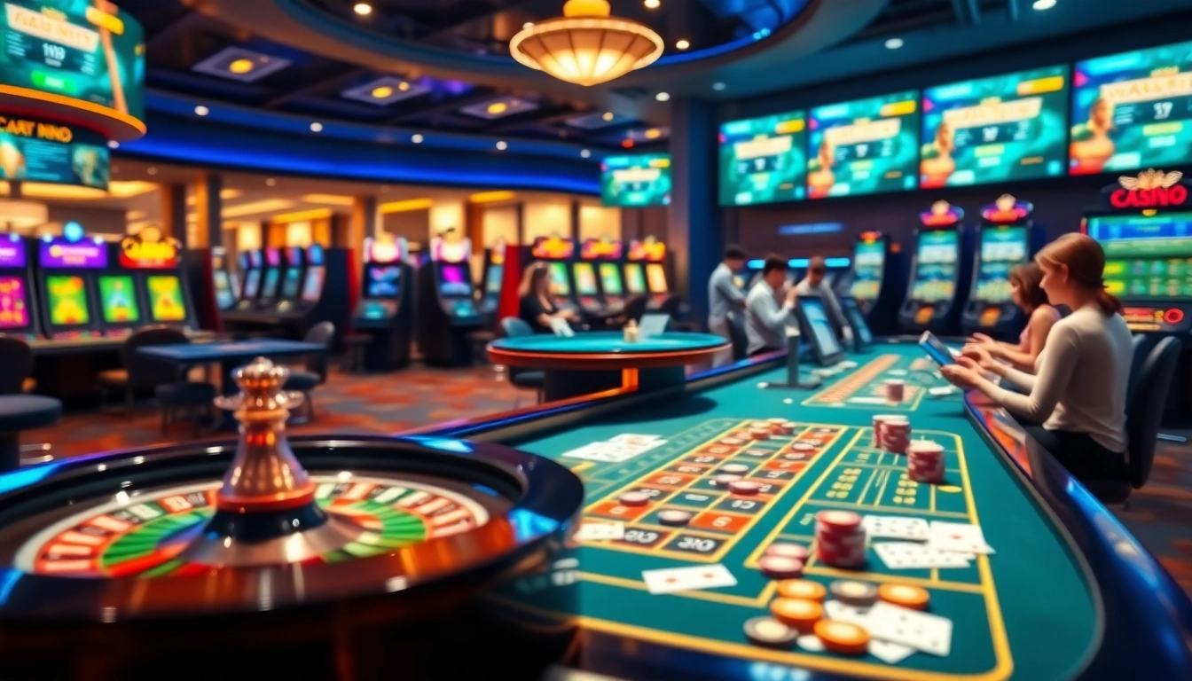 Experience the excitement of chơi casino online with vibrant casino tables, cards, and roulette wheels.
