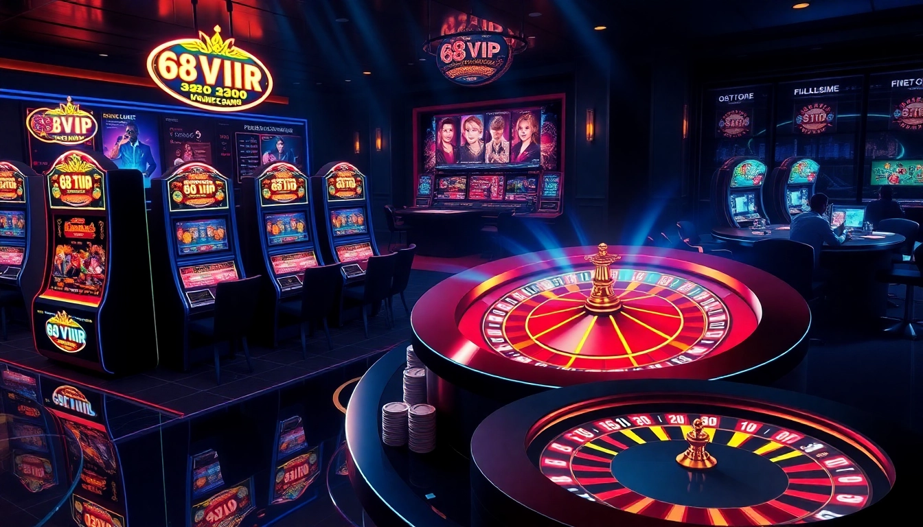 Engage in thrilling online gambling at 68VIP.COM featuring vibrant casino elements and poker tables.