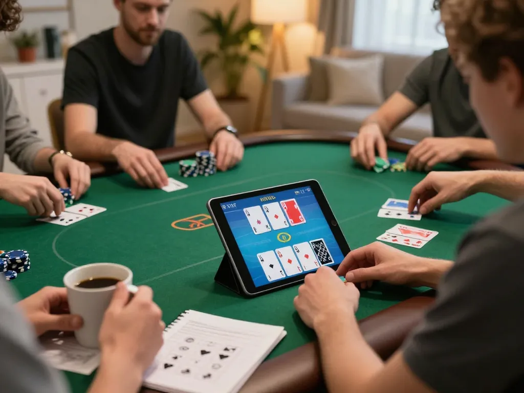 KONG 88 player strategically analyzing poker hands during an online game in a cozy living room
