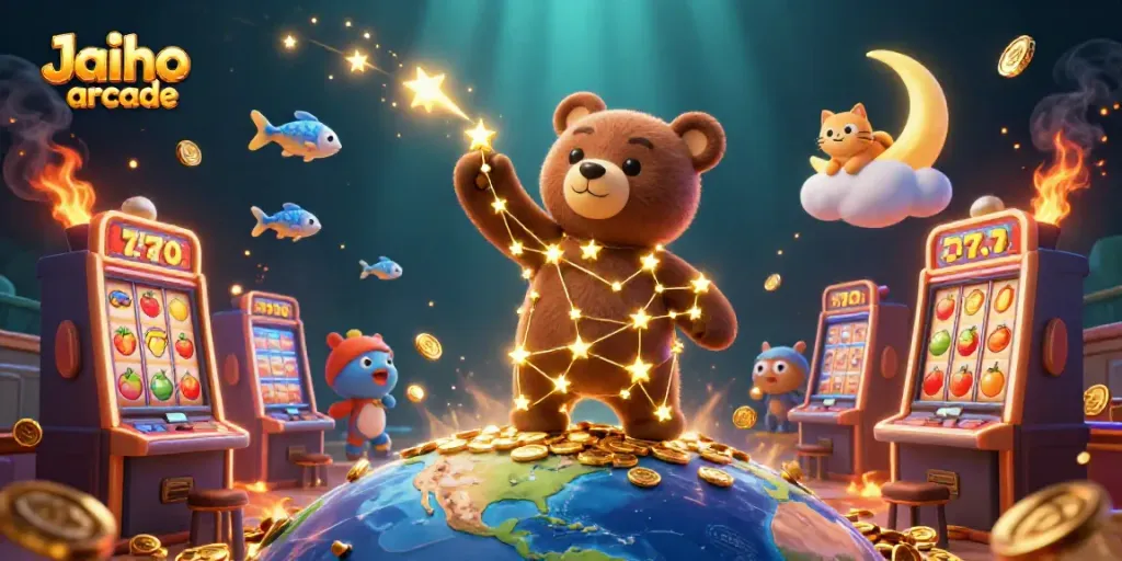 Experience the thrills of Jaiho arcade with golden star characters, slot machines, and vibrant casino elements.