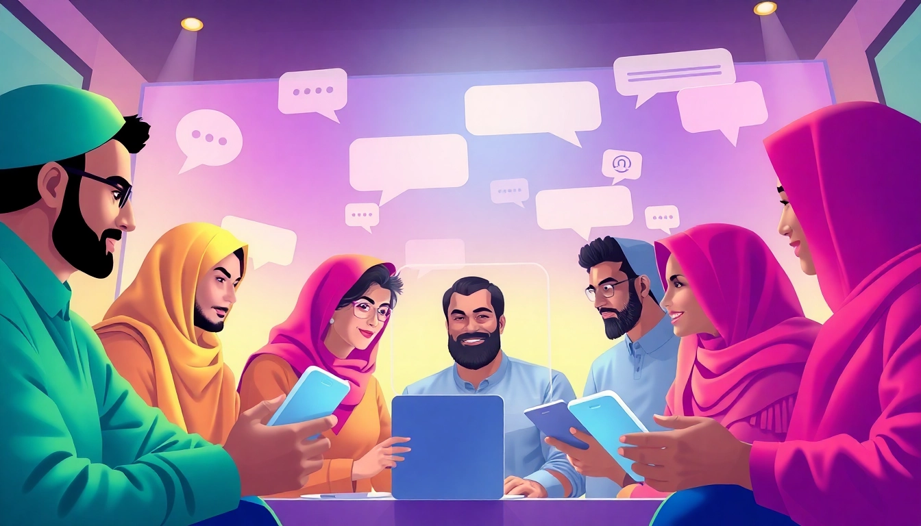 مشهد تفاعلي لمستخدمي شات عربي يتفاعلون في غرفة دردشة رقمية نابضة بالحياة، يظهر التنوع والترابط.
