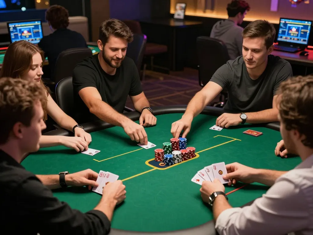 go88 players celebrating winning hands at an online poker table, capturing excitement of strategic gameplay
