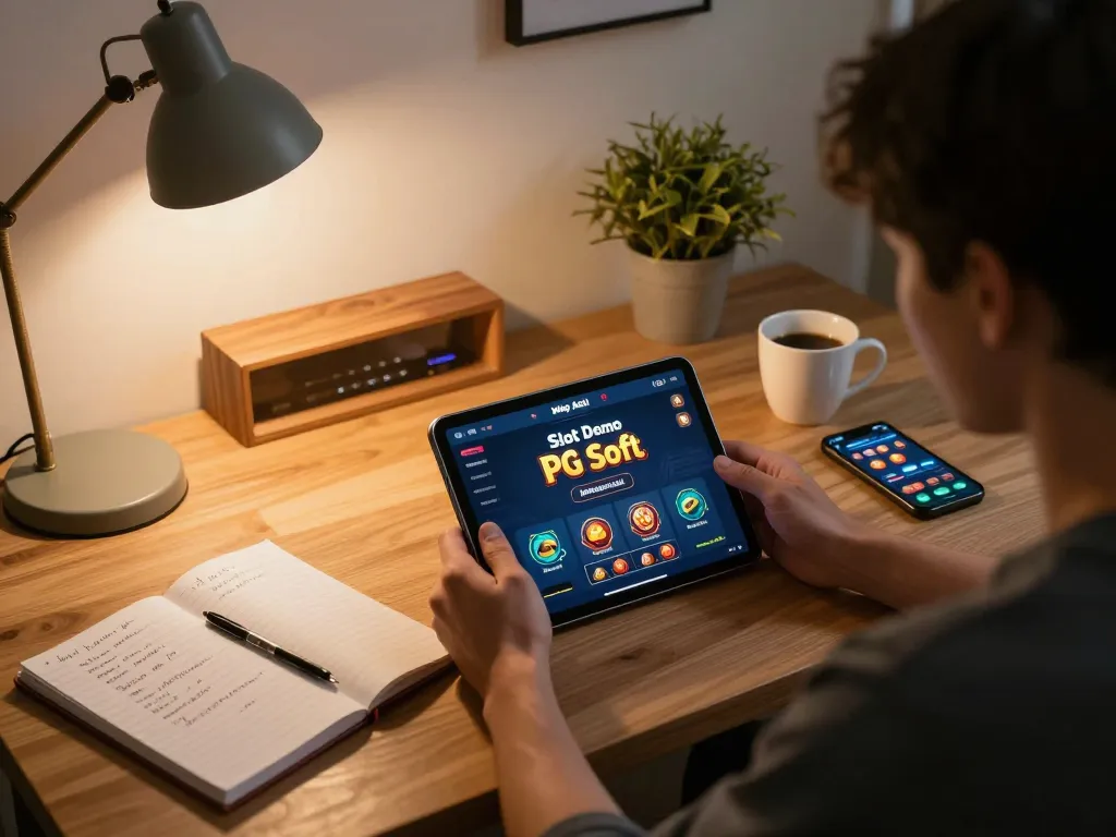 Berinteraksi dengan Slot Demo PG Soft Mirip Asli di tablet saat sesi permainan santai di rumah.