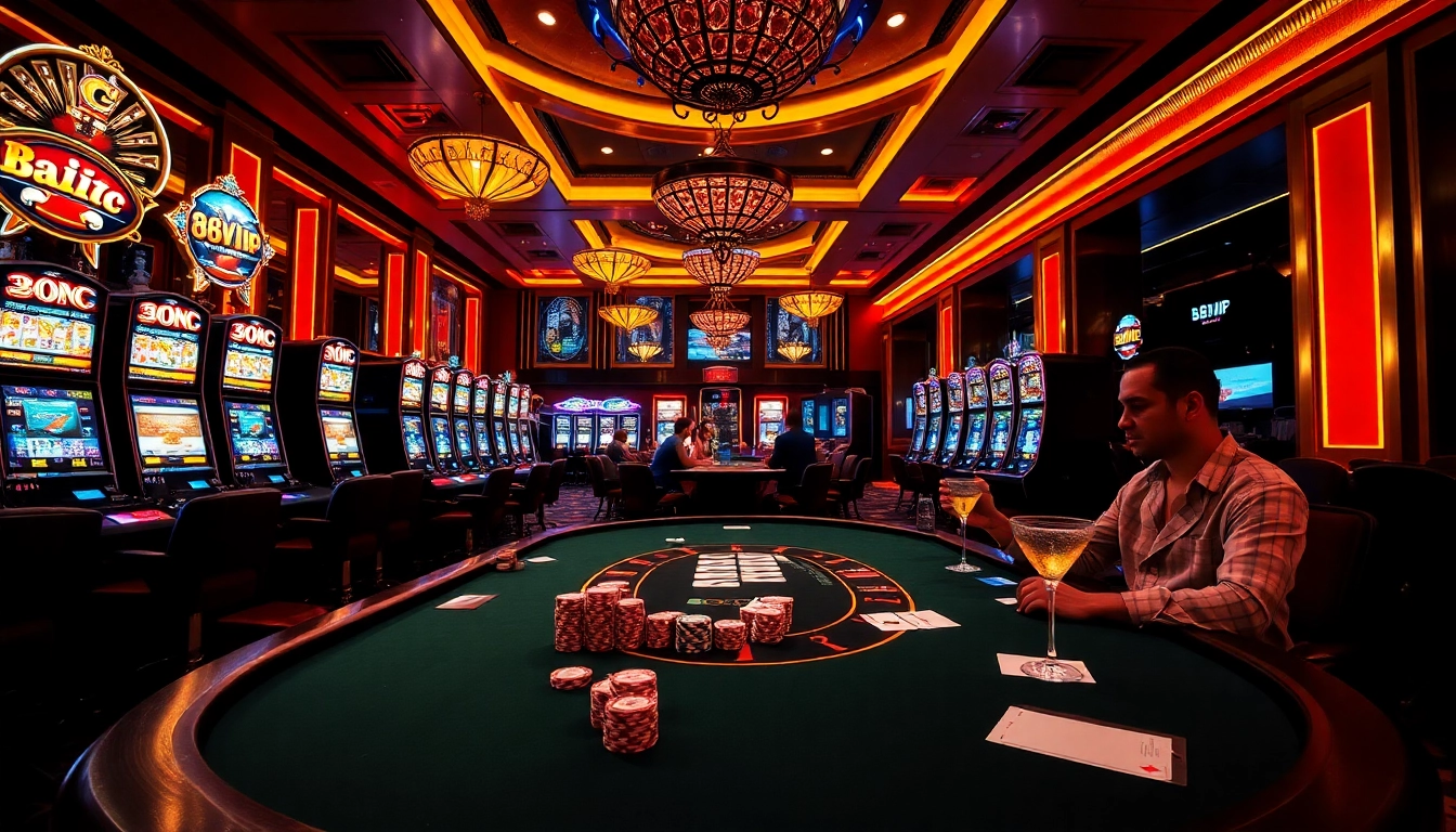 Luxurious poker scene at 68VIP casino, showcasing high-stakes chips and a vibrant atmosphere.