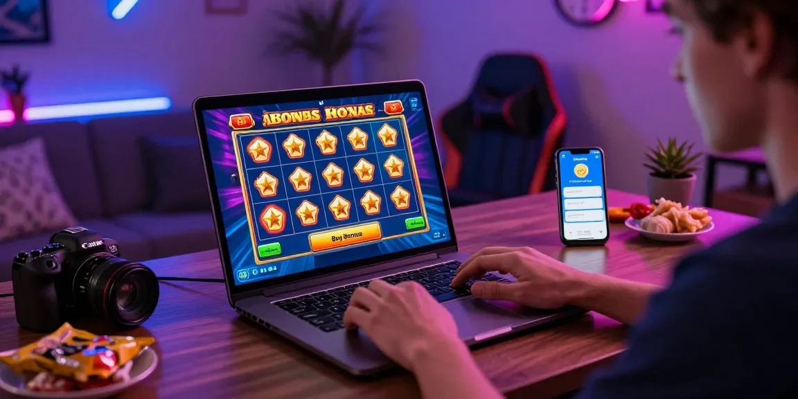 Player activating bonus buy slots feature on laptop in a vibrant home gaming setup