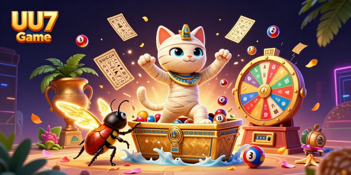 Engage with UU7 Game's thrilling atmosphere featuring an Egyptian mummy cat and vibrant casino elements.