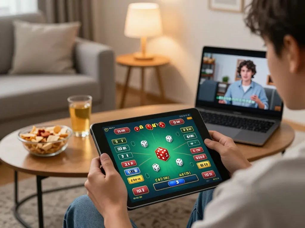 Engaging in tài xỉu online gaming on a tablet in a cozy home setting, showcasing a relaxed yet strategic environment.