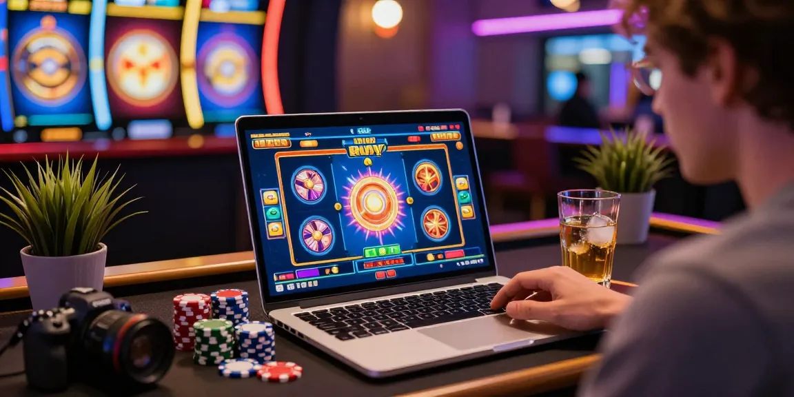Engaging player enjoying bonus buy slots at a modern casino setup with gaming accessories.