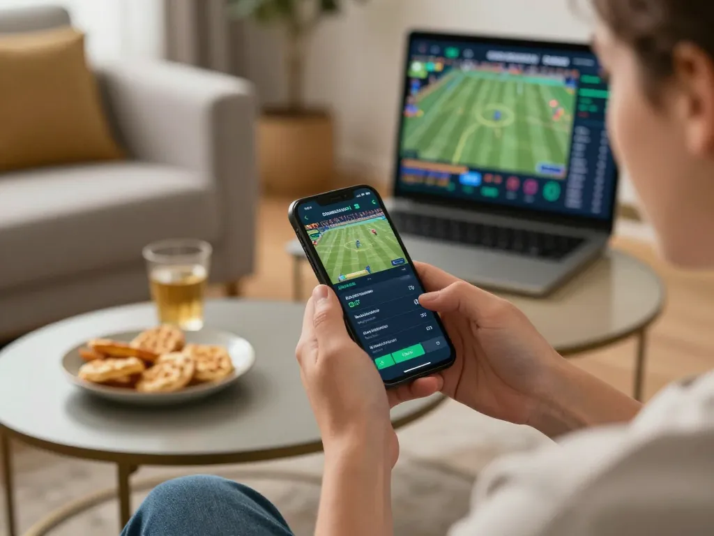 Engaged user placing bets on mposport mobile sports betting app, with live match details visible on the smartphone screen.
