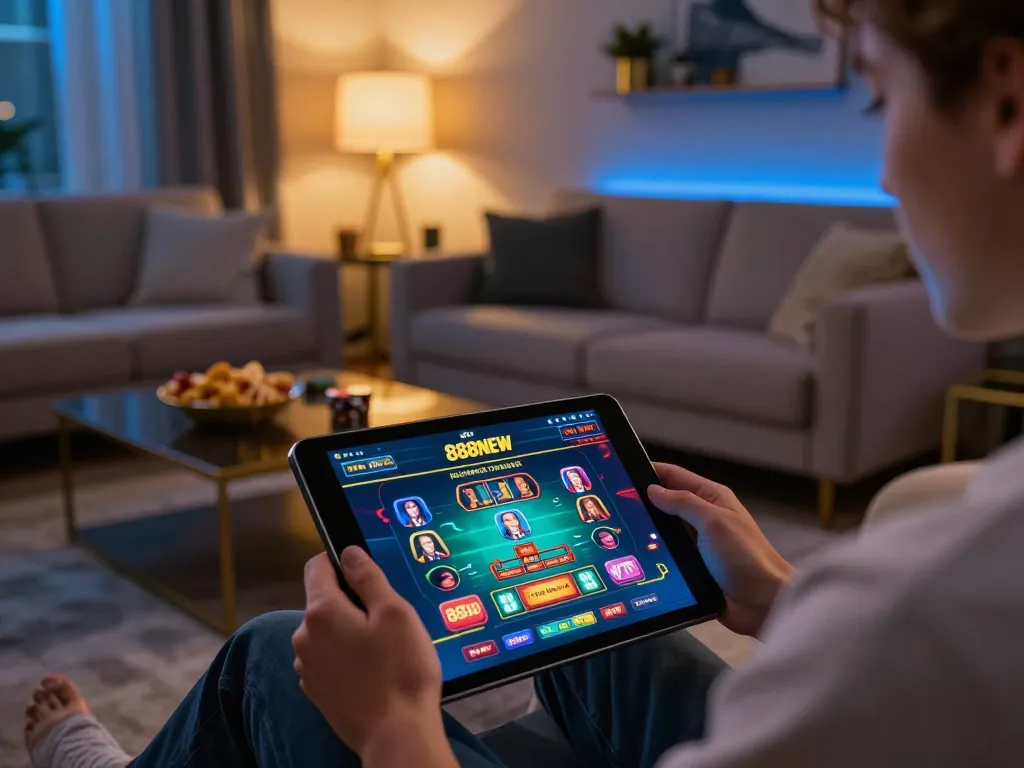 Engaged player using 888NEW app on a tablet for online live dealer games in a cozy home setting.