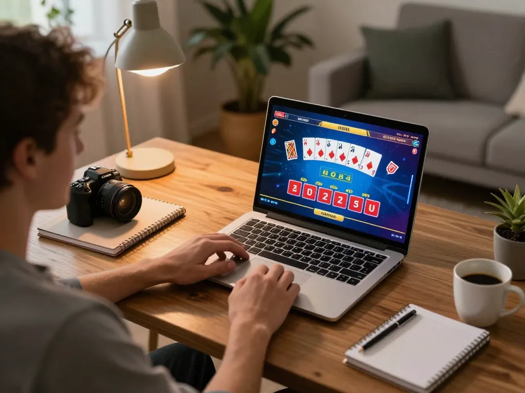 Engaging in a poker game on open88.com from a stylish home desk, enhancing online gambling experience.