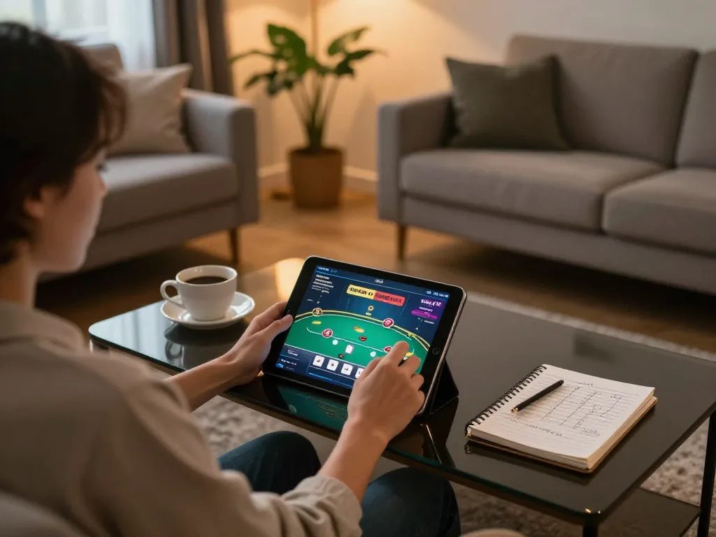 Player enjoying go8 trang chủ on tablet in cozy living room, showcasing online gambling.