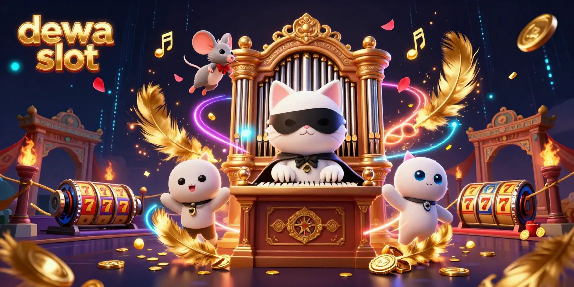 Menghadirkan dewa slot, ilustrasi 3D yang meriah dengan elemen kasino dan keberuntungan.