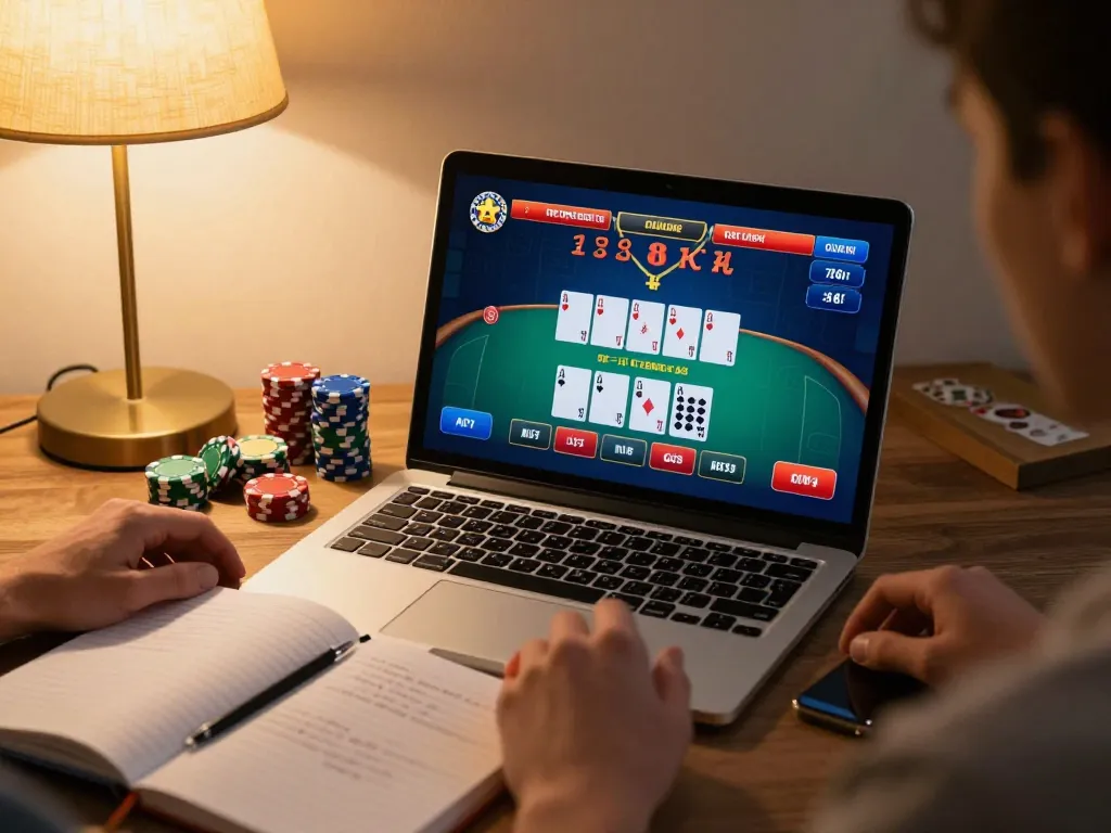 Engaging in live dealer blackjack at home using laptop with strategic notes for nhà cái dh88.
