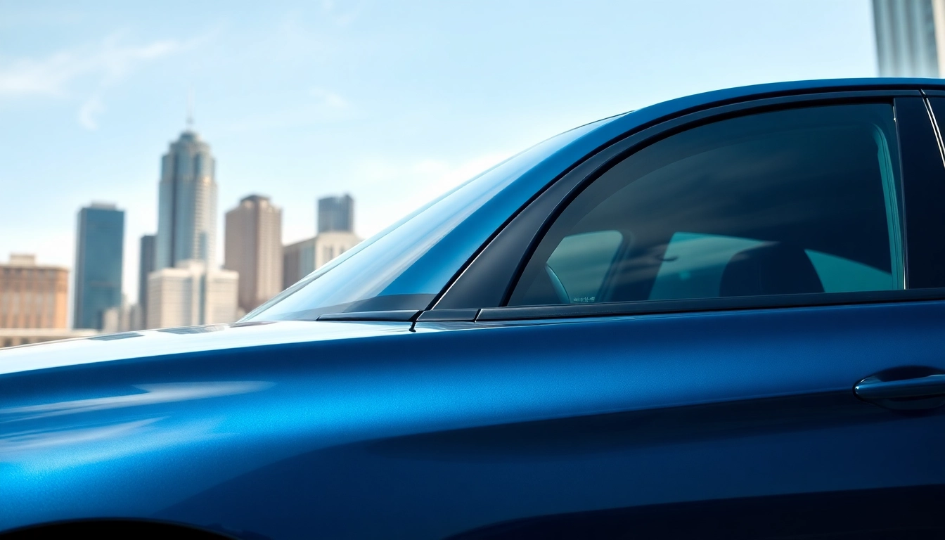 Enhance your ride's elegance with auto window tint near me featuring sleek designs and modern city backdrops.