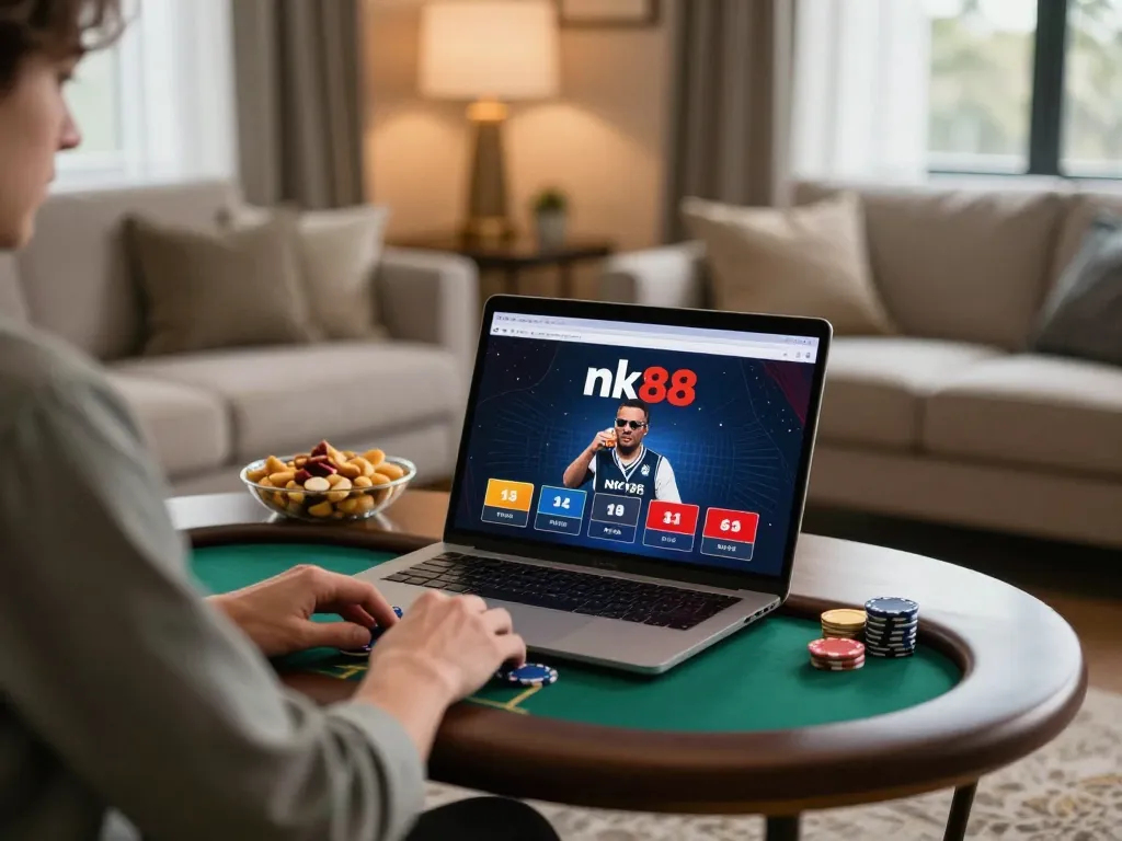 The nk88 player enjoying an online poker session in a cozy living room.