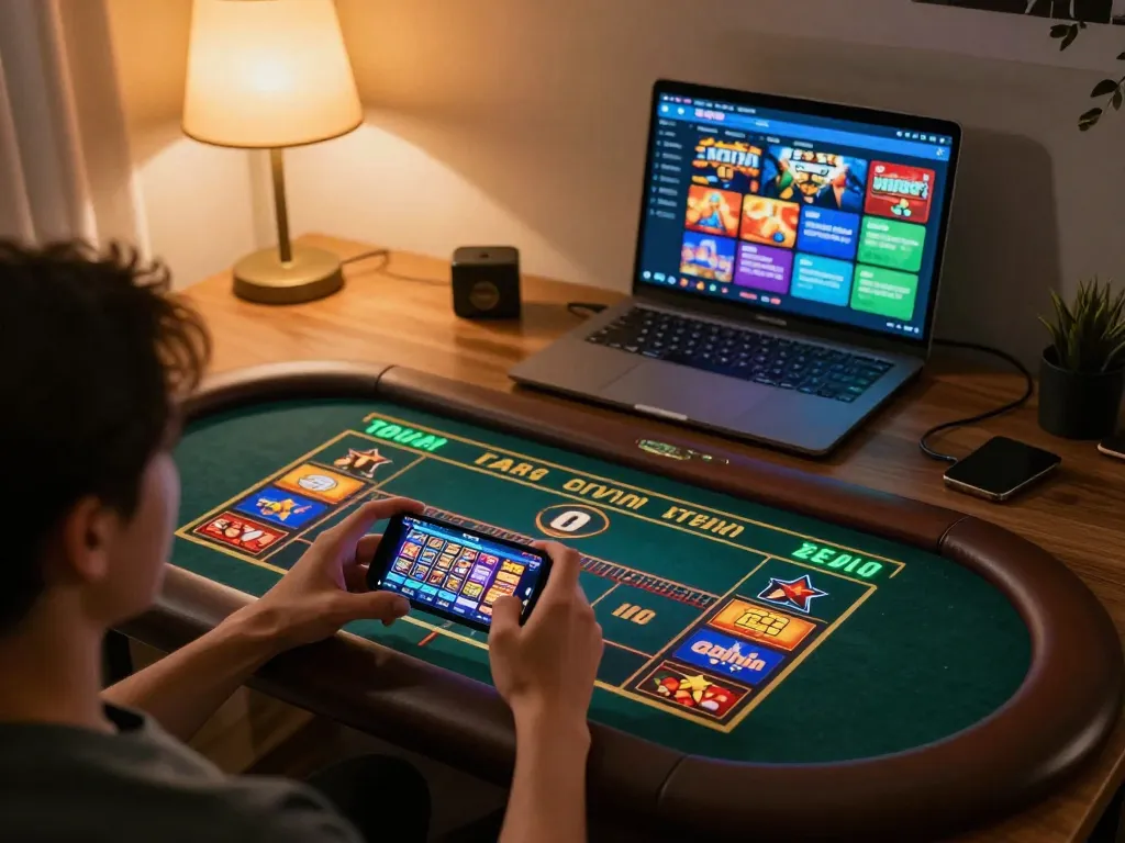 Fokus777 player enjoying a thrilling online casino gaming session on smartphone against a cozy backdrop