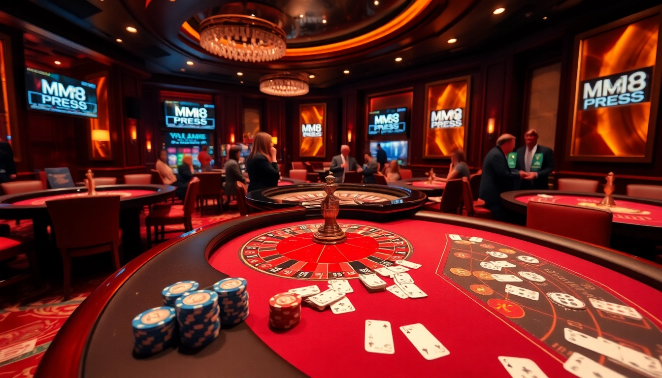 Engaging players at the lively casino featuring MM88 PRESS branding and vibrant gaming tables.