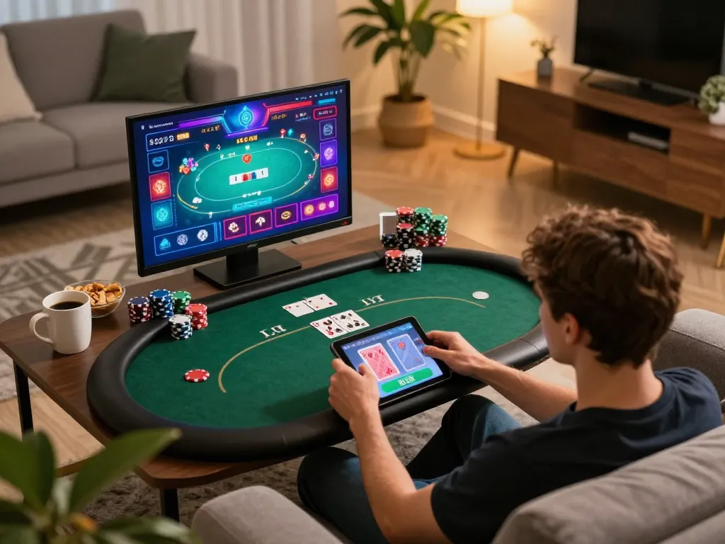 Player enjoying a winning moment at SC88 online poker game from a cozy home setup