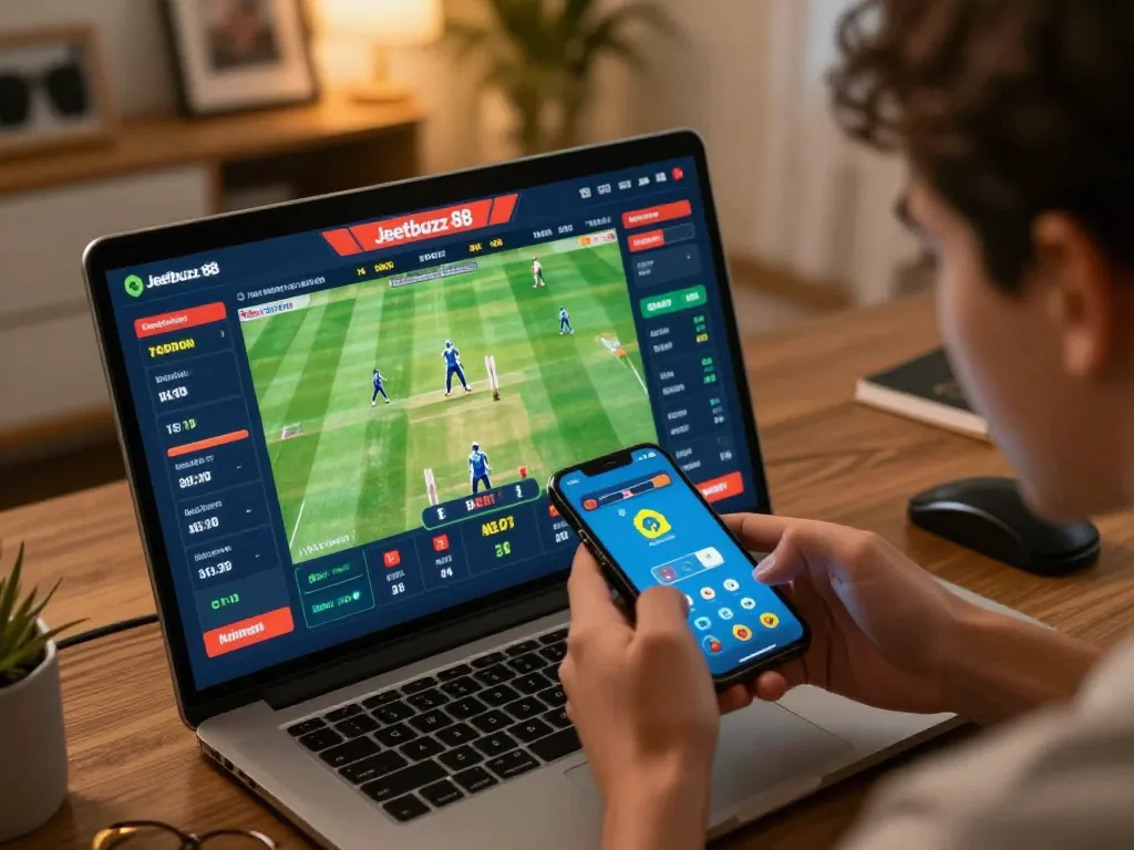 Engaged user placing bets on cricket via Jeetbuzz 88 mobile app, showcasing excitement and interaction.