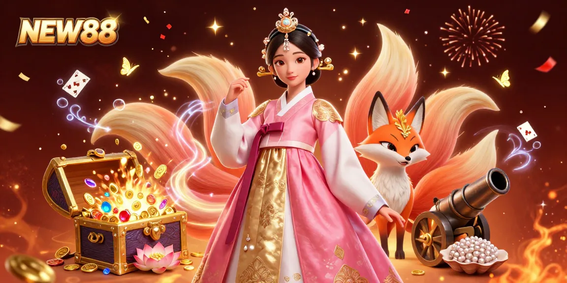 Engage with the thrilling world of NEW88, where a graceful Asian woman and a lucky fox celebrate amidst gold and excitement.
