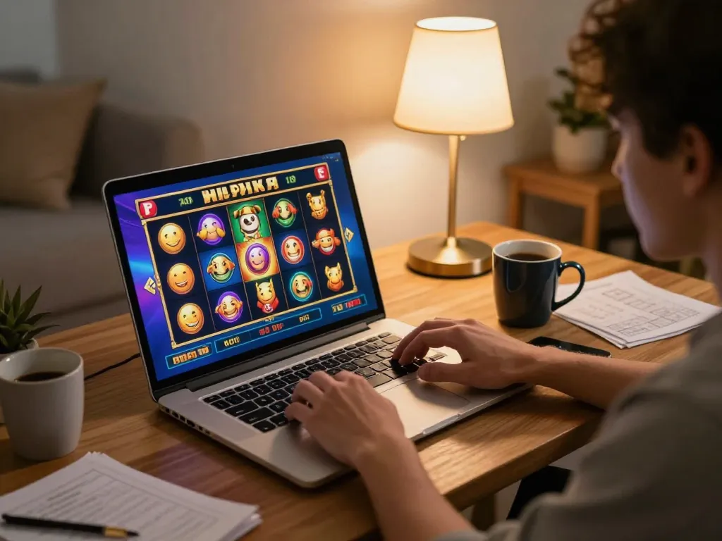 Player immersed in a home gaming session engaging with aman788 slot gacor online, showcasing strategy and excitement.