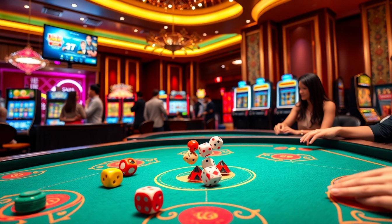Engage in เล่นไฮโล Evolution Gaming at a luxurious casino table filled with colorful dice.