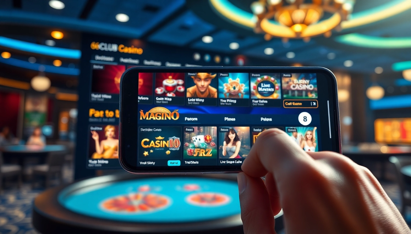 Engaging mobile interface screenshot showcasing the 66CLUB online gambling app with vibrant casino games.