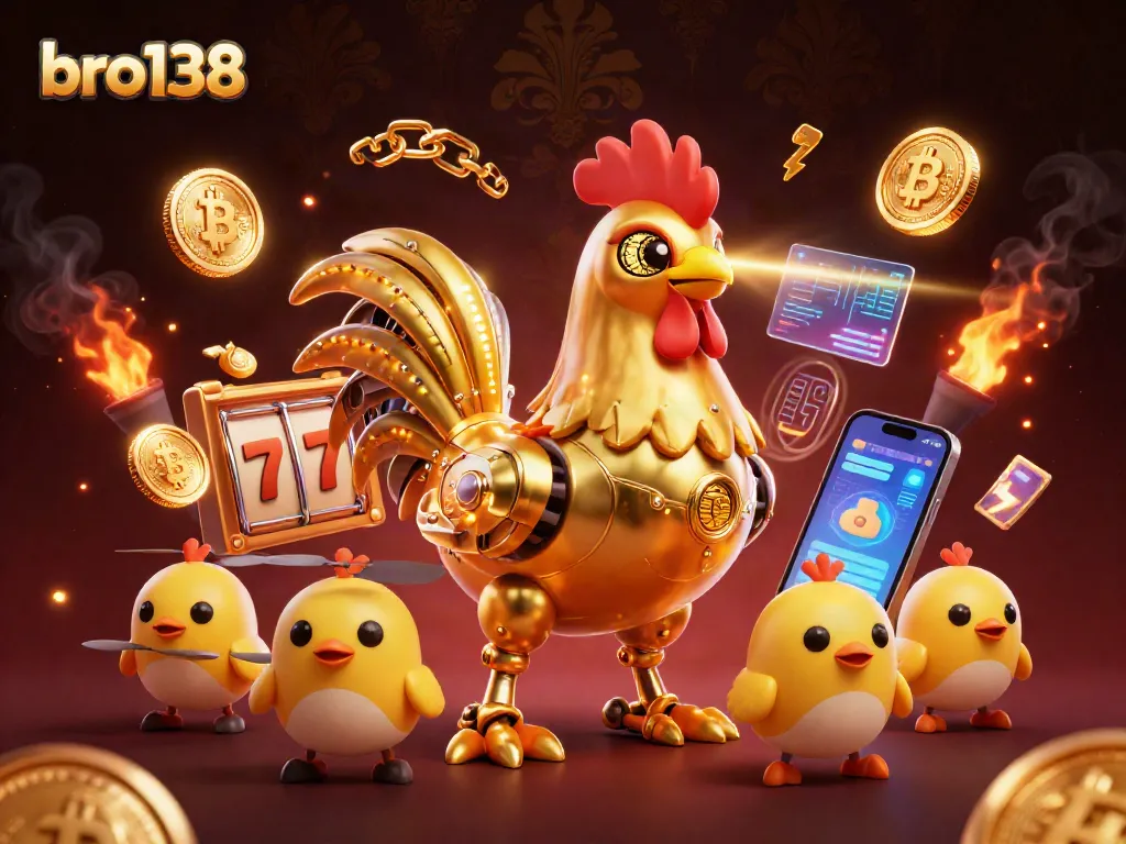 Engage in exciting gameplay at bro138, featuring a golden rooster robot and crypto coins in a vibrant, futuristic casino.