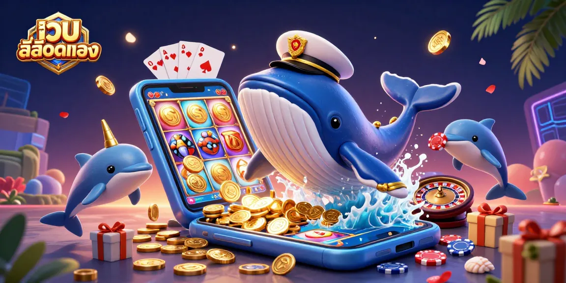 Experience เว็บสล็อตตรง with a whale, narwhal, and dolphins in a vibrant casino scene.