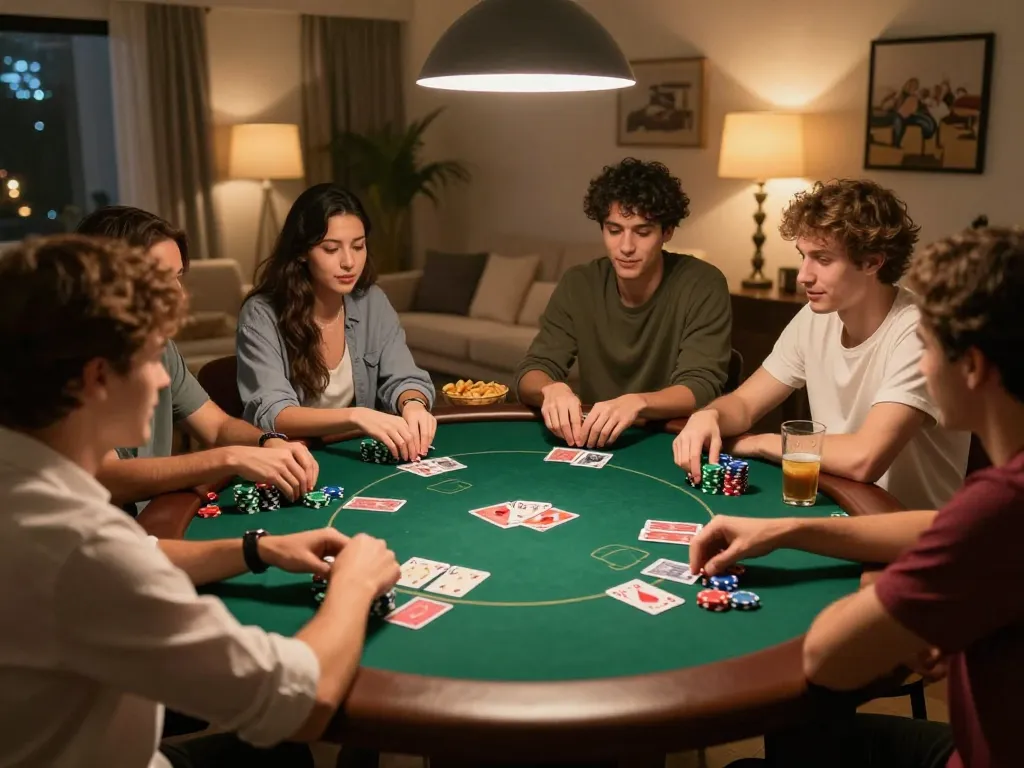 king33 players enjoying a lively poker game night with competitive spirit and snacks.