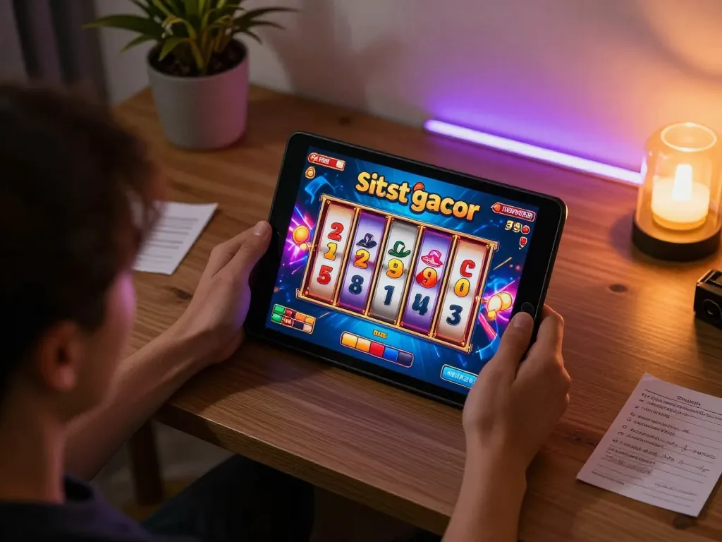 Engaged player exploring situs slot gacor on tablet while practicing responsible gambling strategies.