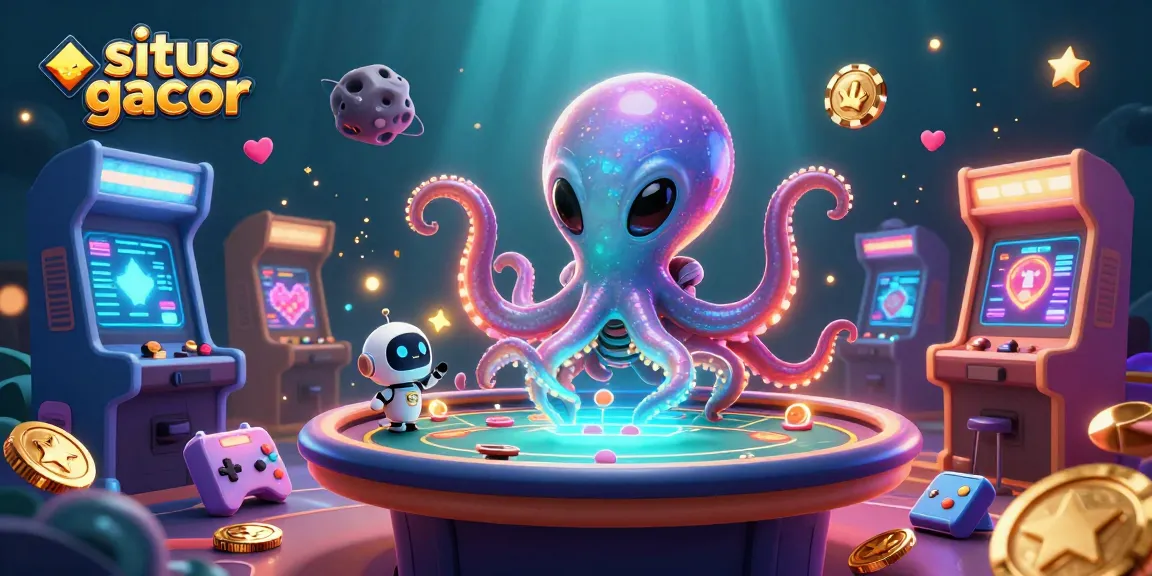 Engage with the lively situs gacor scene featuring a cartoon octopus at a poker table amid dazzling gaming elements.