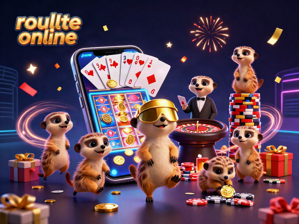 Experience roulette online excitement with a dynamic meerkat casino illustration featuring games and colorful decorations.
