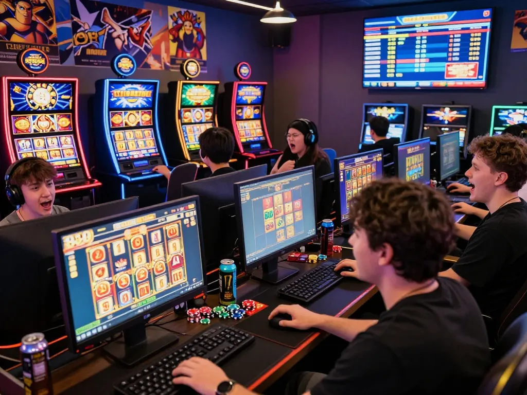 Players celebrating wins at popular online slots on a vibrant gaming setup, highlighting slot gacor hari ini.