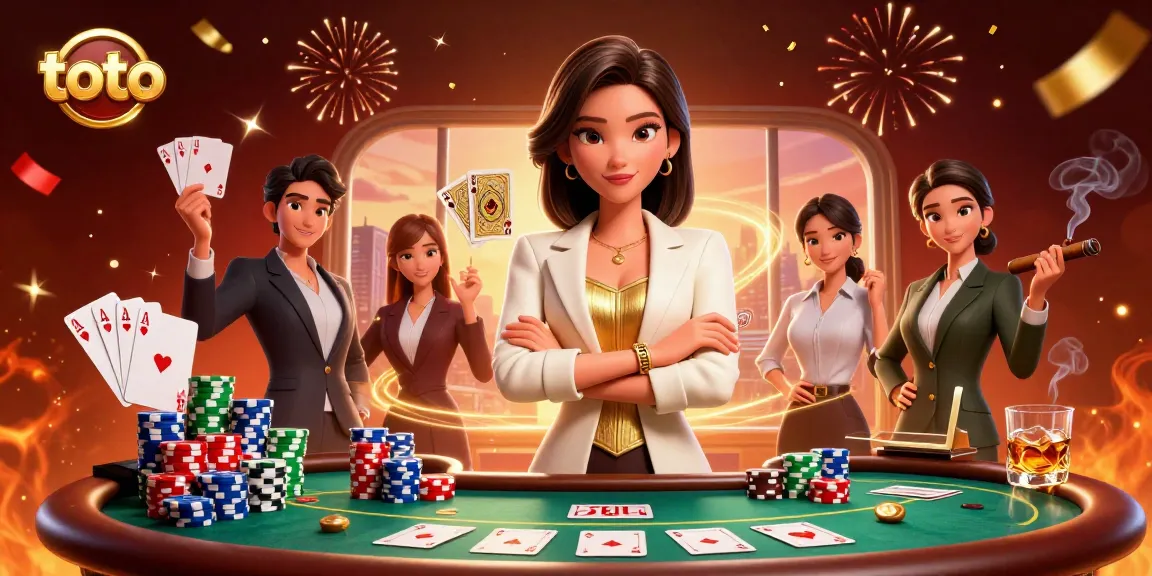 Toto-themed casino scene showcasing an elegant Asian woman holding cards amidst vibrant gambling elements.