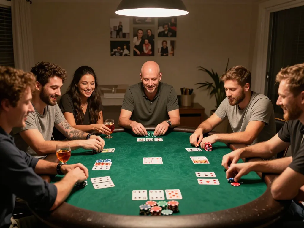 Friends enjoying a poker night at home, showcasing strategic gameplay in a cozy atmosphere featuring 789club activities.