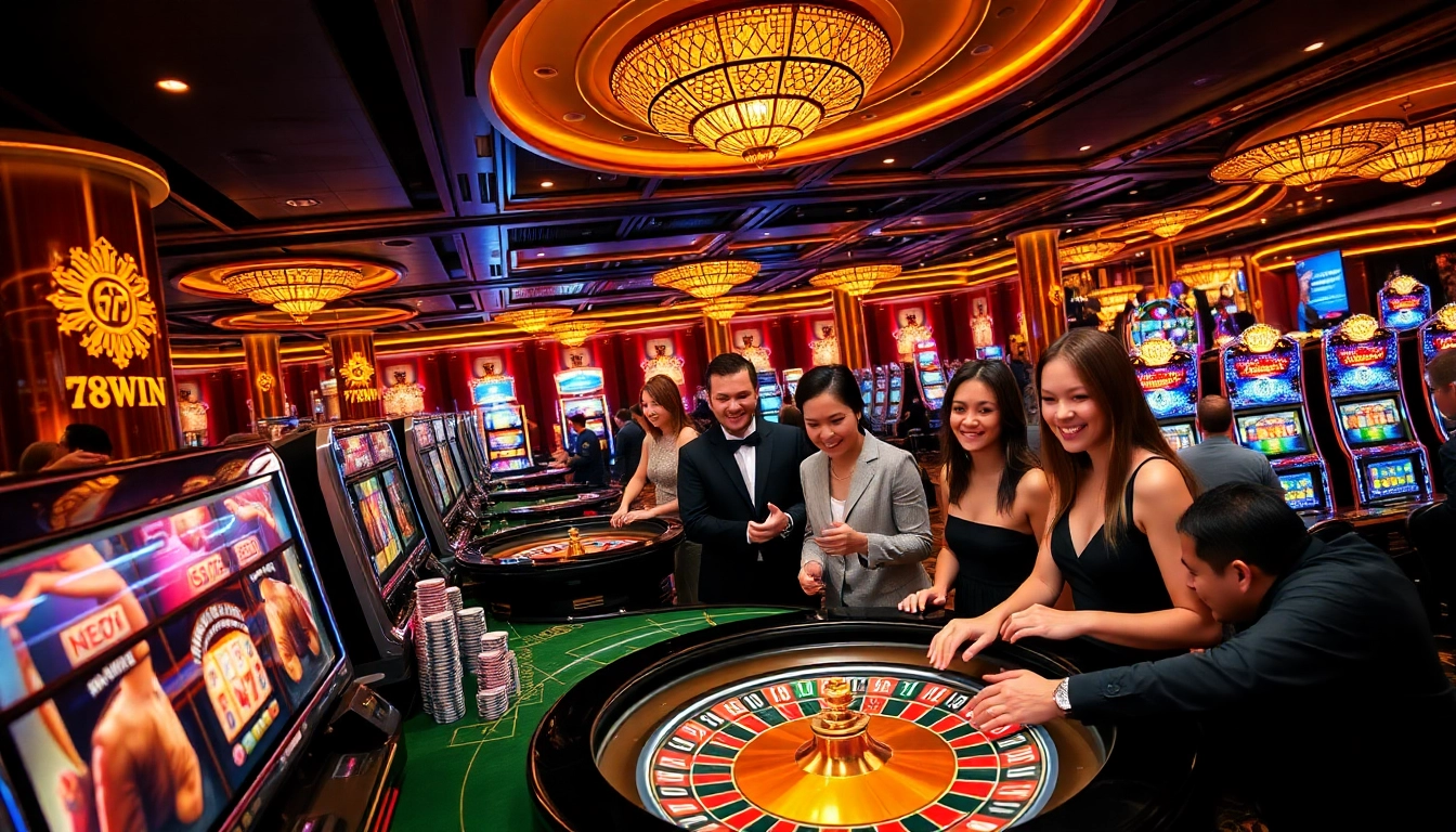 Engaged players enjoying games at the 78WIN casino with vibrant slot machines and poker tables.